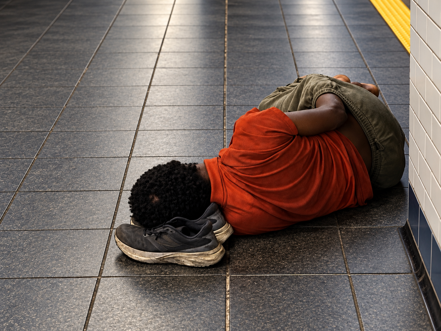 A person lying on a tiled subway floor with their head resting on a pair of shoes.