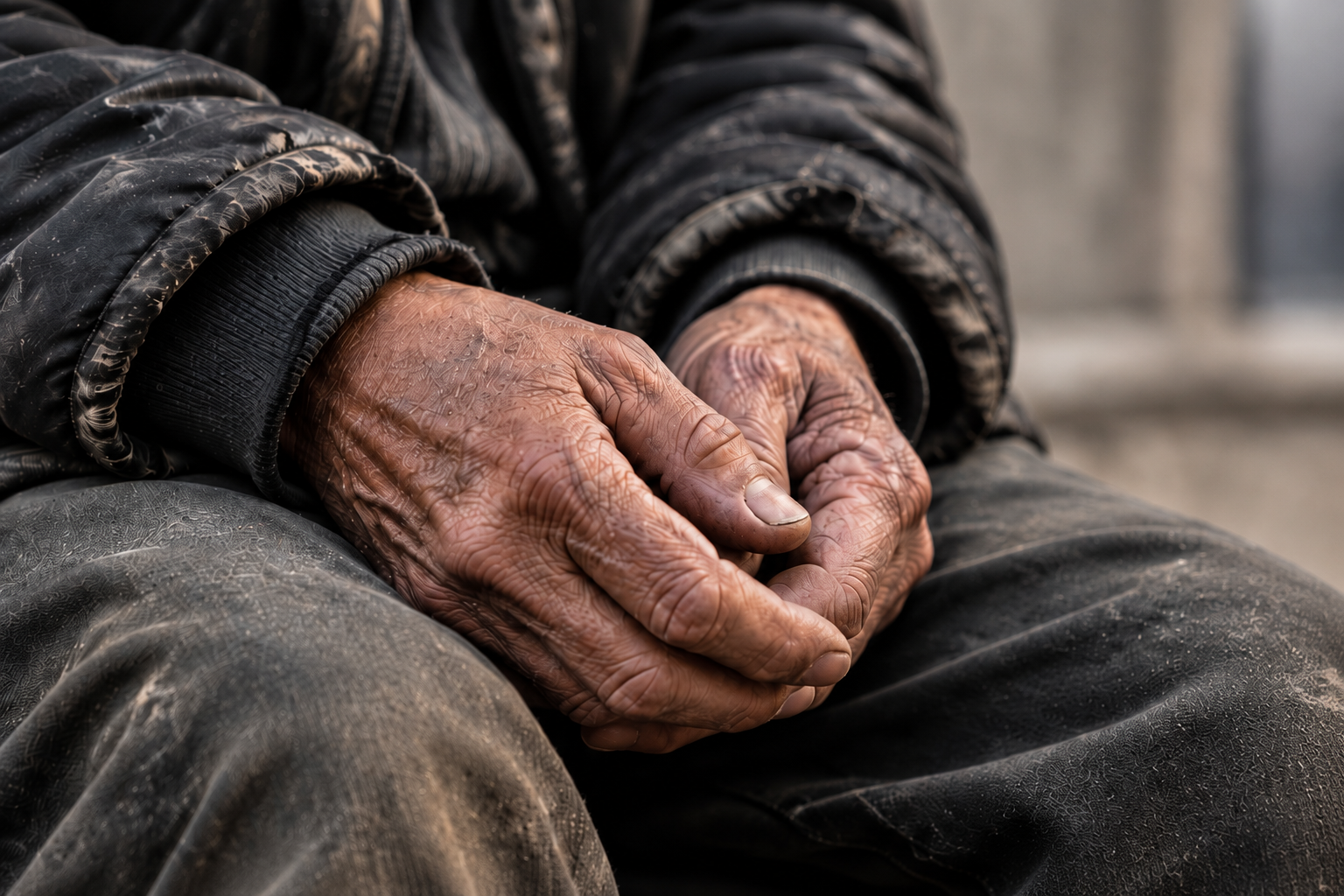 Illustrative close-up of clasped hands resting in a lap, framed by worn clothing.